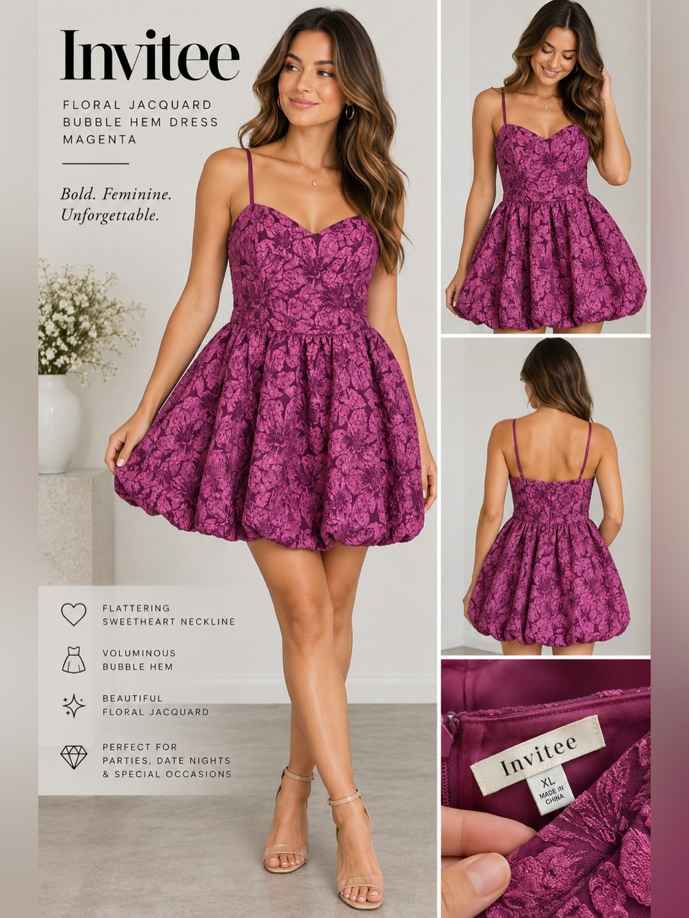 Magenta Floral Jacquard Bubble Hem Dress